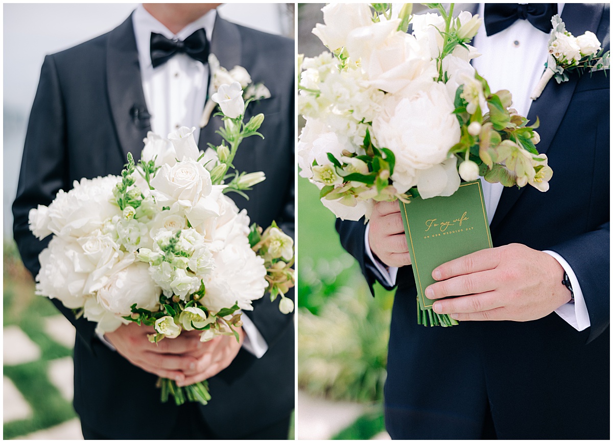 Groom holding bride bouquet 