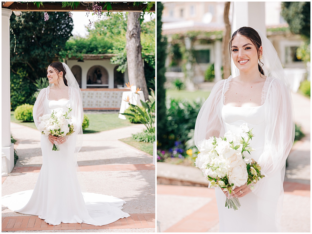bride smiling and holding flowers