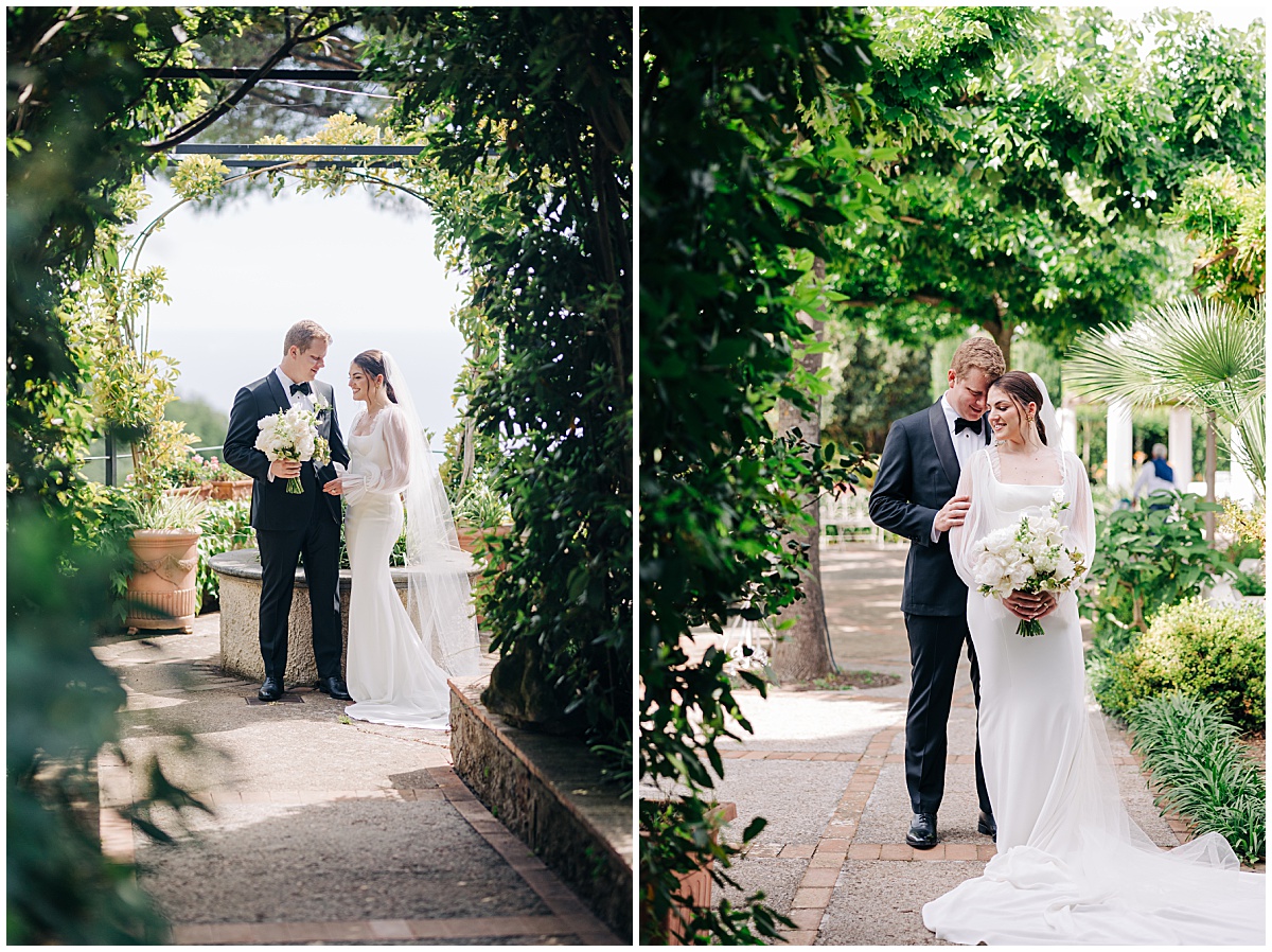 bride and groom in garden