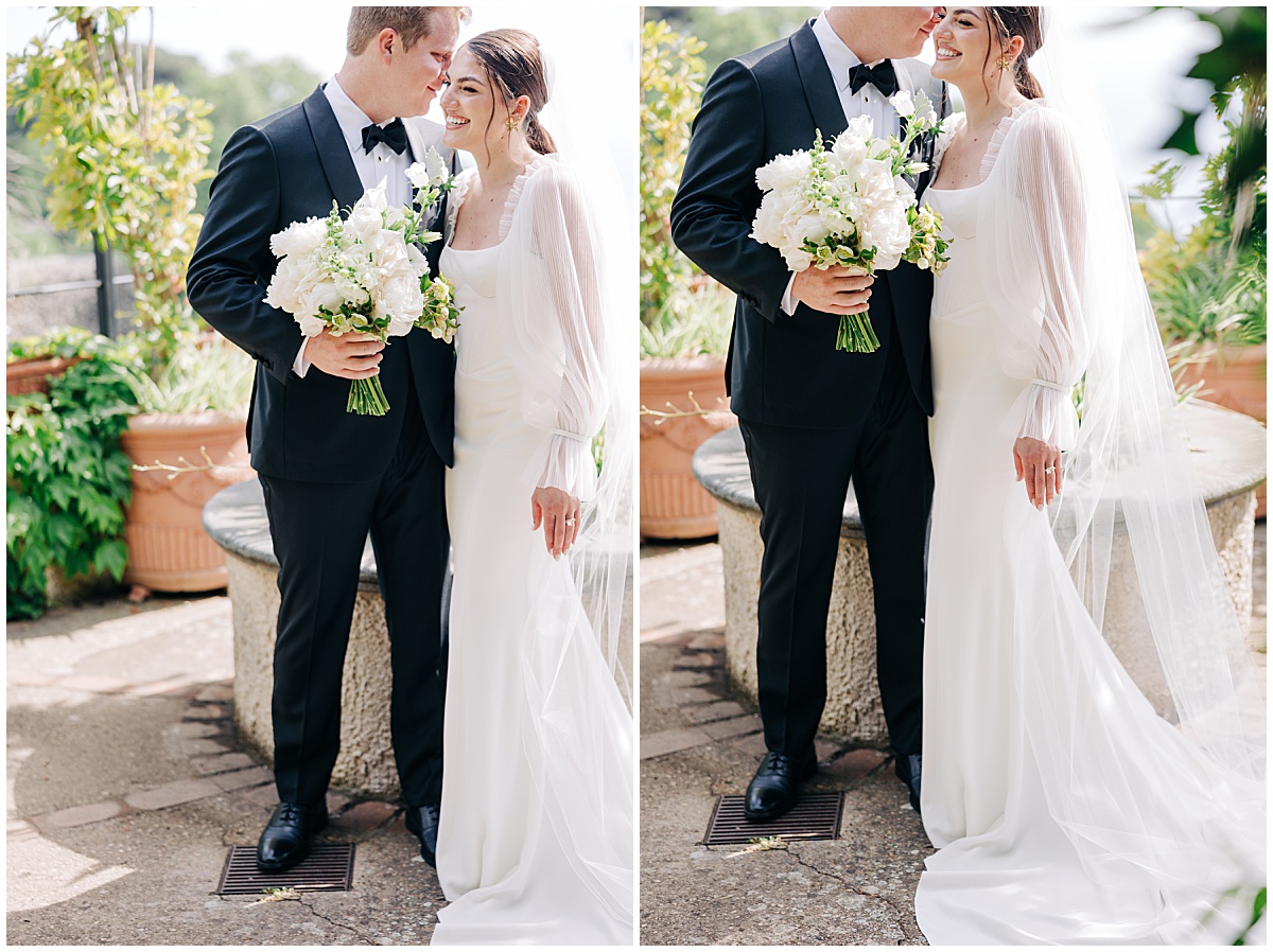 bride and groom leaning into each other laughing