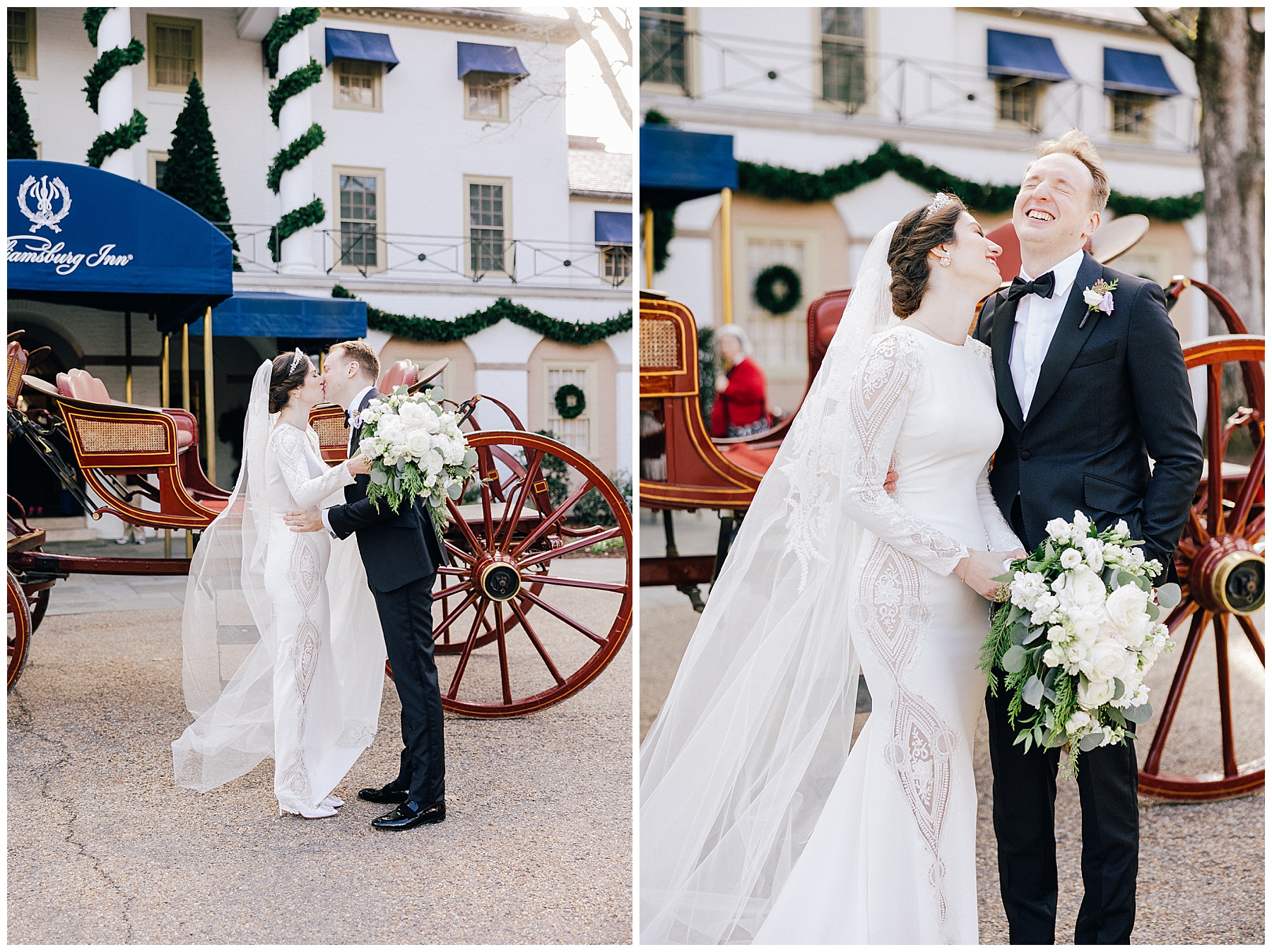 First look with bride and groom in front of the Williamsburg Inn Luke and Ashley Photography 