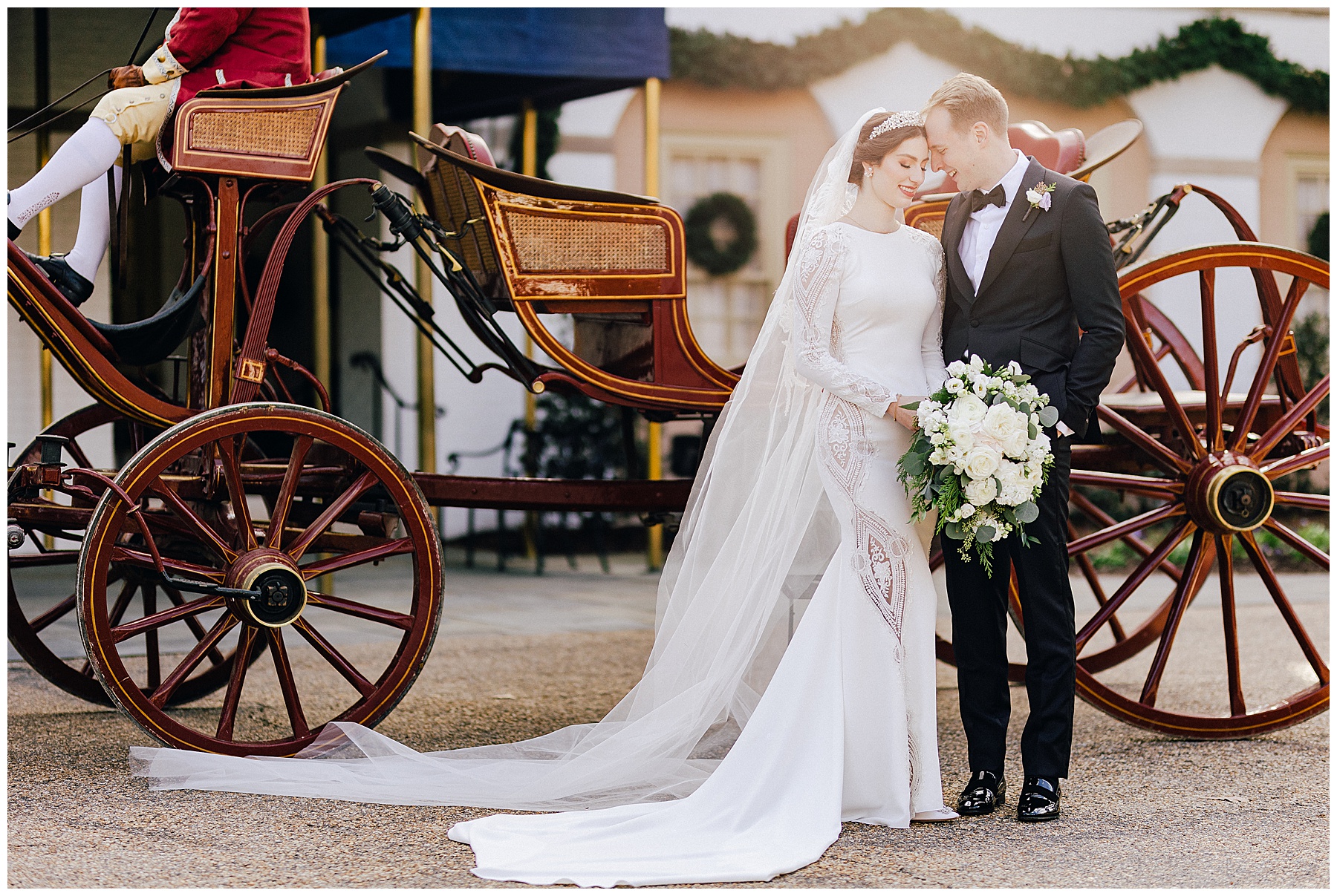 First look with bride and groom in front of the Williamsburg Inn Luke and Ashley Photography