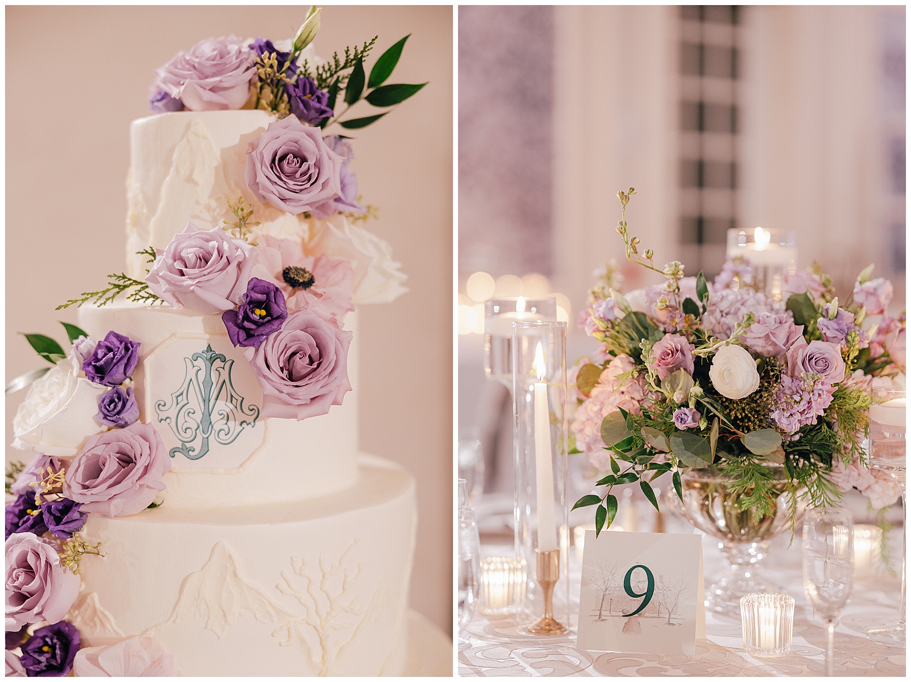 Purple wedding accents at the Williamsburg Inn Luke and Ashley Photography